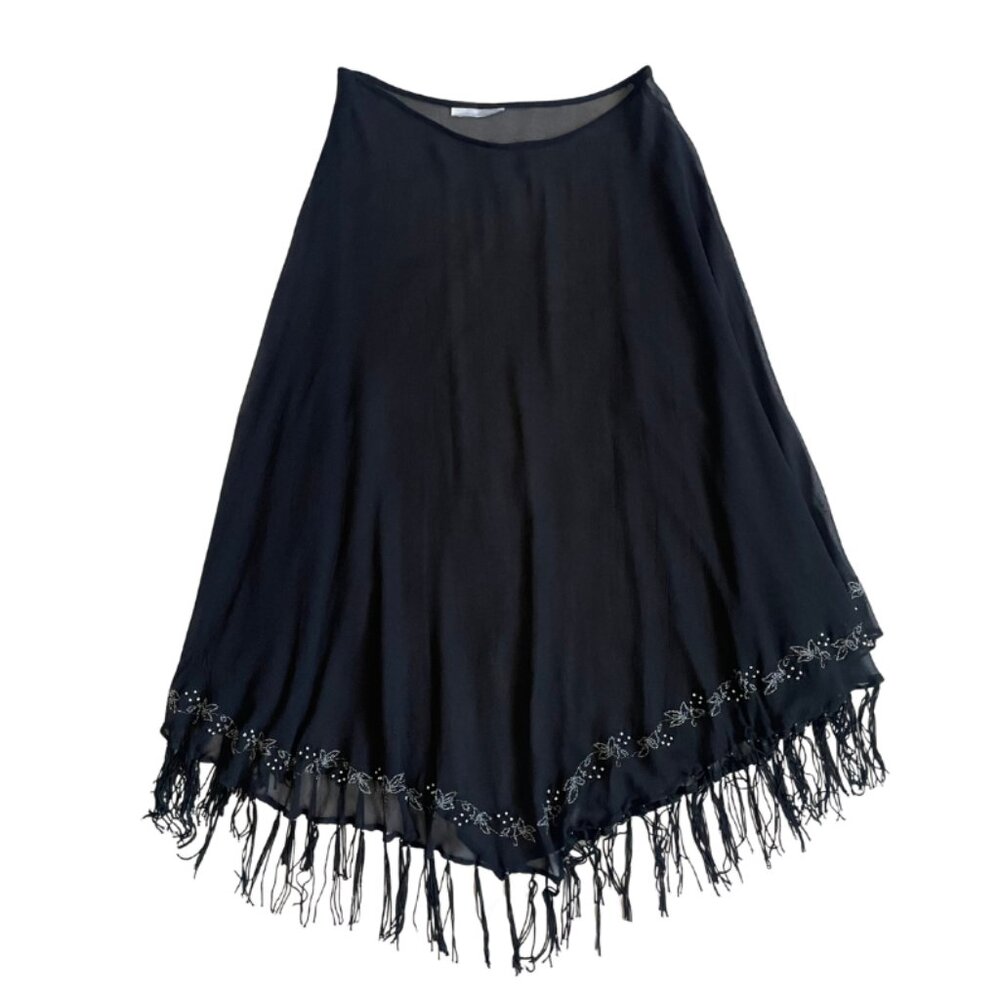 sheer black flowy embroidered skirt with fringe tassels fits XS/S - Picture 1 of 8